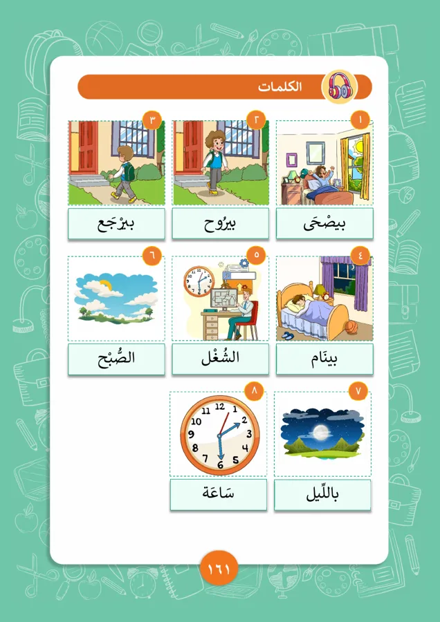 Words page with pictures for waking up, going out and coming home